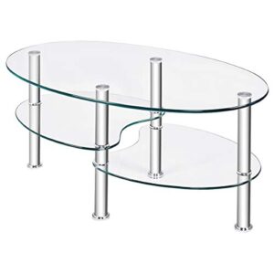 Tangkula Glass Coffee Table, Modern Furniture Decor 2-Tier Modern Oval Smooth Glass Tea Table End Table for Home Office with 2 Tier Tempered Glass Boards & Sturdy Chrome Plated Legs