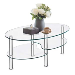 tangkula glass coffee table, modern furniture decor 2-tier modern oval smooth glass tea table end table for home office with 2 tier tempered glass boards & sturdy chrome plated legs