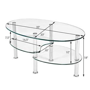 Tangkula Glass Coffee Table, Modern Furniture Decor 2-Tier Modern Oval Smooth Glass Tea Table End Table for Home Office with 2 Tier Tempered Glass Boards & Sturdy Chrome Plated Legs