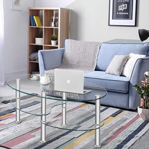 Tangkula Glass Coffee Table, Modern Furniture Decor 2-Tier Modern Oval Smooth Glass Tea Table End Table for Home Office with 2 Tier Tempered Glass Boards & Sturdy Chrome Plated Legs