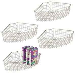 mdesign wire basket for corner cabinet lazy susan with front handle - kitchen cabinet, shelf, and pantry corner bin - 1/4 wedge metal organizer for lazy susan - concerto collection - 4 pack - satin