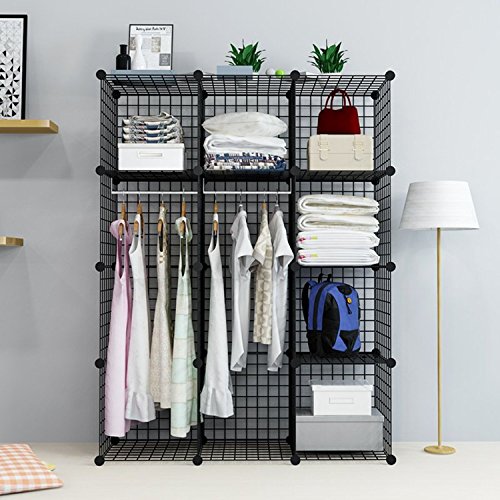 UNICOO - 14 * 14 Inch Big Cube Multi Use DIY 12 Cube Wire Grid Organizer, Bookcase, Bookshelf, Storage Cabinet, Wardrobe Closet,Toy Organizer, Wire Cube Storage- (Black Wire)