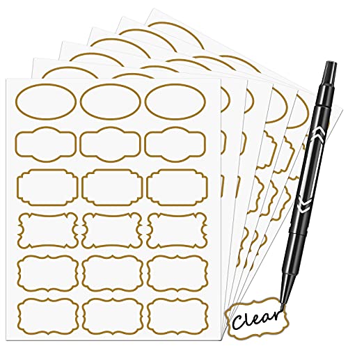 Nardo Visgo Clear Sticker Labels with Gold Border for Jars,Decorative Transparent Removable Waterproof Bottle Labels in Assorted Sizes for Jars,Storage Bins,Food Containers or Craft Decoration,93pcs