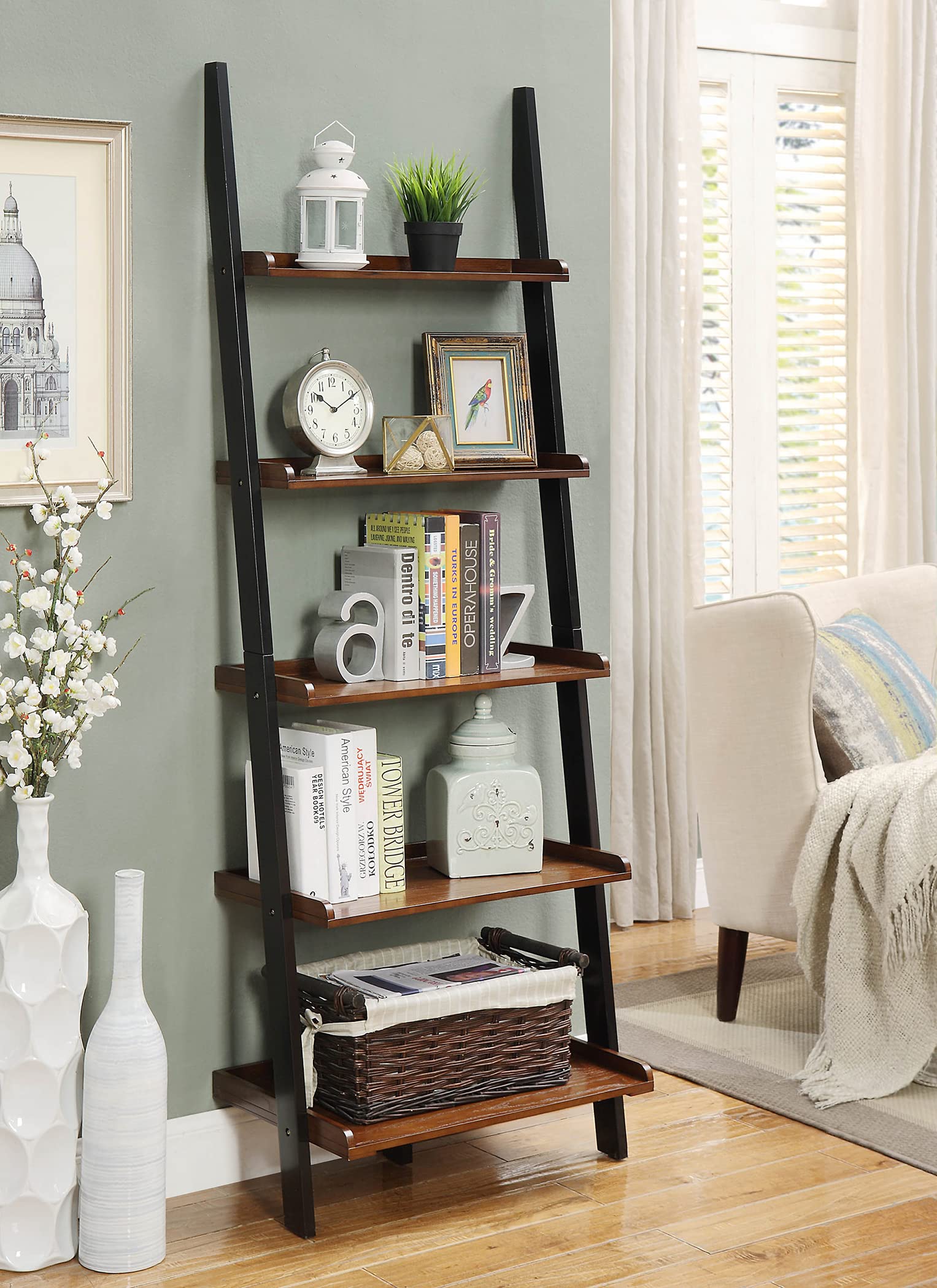 Convenience Concepts French Country Bookshelf Ladder, Dark Walnut / Black