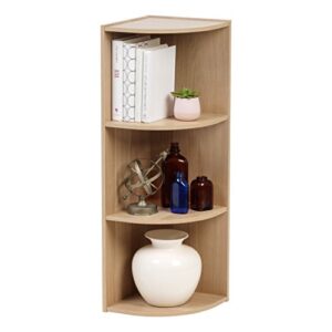 iris usa small spaces wood, bookshelf storage shelf, bookcase, 3-tier - corner, light brown