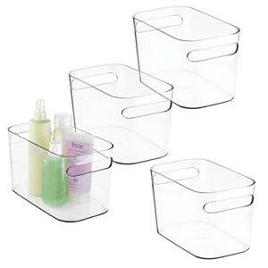 mdesign deep plastic bathroom bin with handles - storage organizer for vanity countertop - hold soap, body wash, shampoo, lotion, conditioner, hand towels - 10" long, aura collection, 4 pack, clear