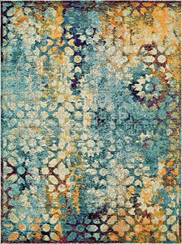 Unique Loom Vita Collection Traditional Over-Dyed Saturated Floral Medallions Area Rug, 9 x 12 ft, Turquoise/Ivory