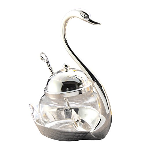 Linlins Condiment Pot Seasoning Container Spice Glass Jar Swan Rack with Serving Spoon Salt Sugar Bowl Pepper Coffee Storage Organizer