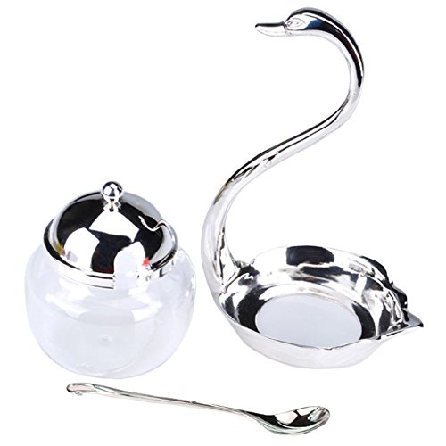 Linlins Condiment Pot Seasoning Container Spice Glass Jar Swan Rack with Serving Spoon Salt Sugar Bowl Pepper Coffee Storage Organizer