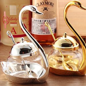 Linlins Condiment Pot Seasoning Container Spice Glass Jar Swan Rack with Serving Spoon Salt Sugar Bowl Pepper Coffee Storage Organizer