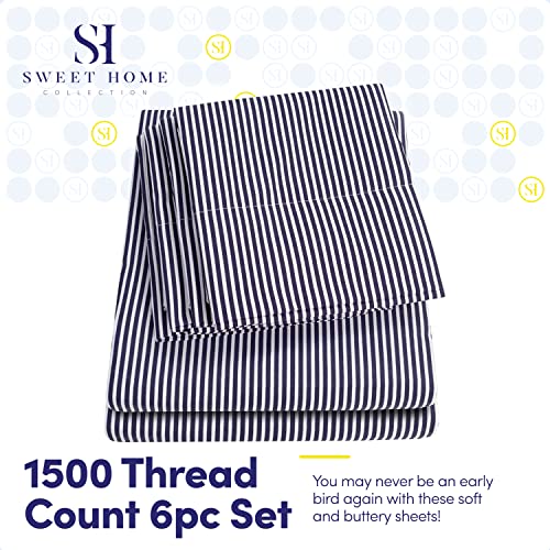 King Size Bed Sheets - 6 Piece 1500 Supreme Collection Fine Brushed Microfiber Deep Pocket King Sheet Set Bedding - 2 Extra Pillow Cases, Great Value, King, Classic Stripe Navy