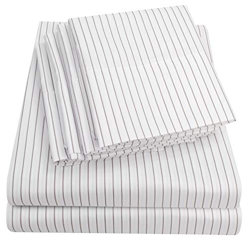 Full Size Bed Sheets - 6 Piece 1500 Supreme Collection Fine Brushed Microfiber Deep Pocket Full Sheet Set Bedding - 2 Extra Pillow Cases, Great Value, Full, Pinstripe White