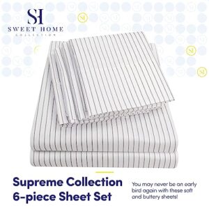 Full Size Bed Sheets - 6 Piece 1500 Supreme Collection Fine Brushed Microfiber Deep Pocket Full Sheet Set Bedding - 2 Extra Pillow Cases, Great Value, Full, Pinstripe White