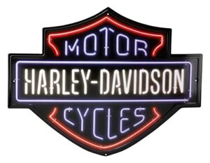 harley-davidson embossed tin sign, neon lights bar & shield logo, 19.75 x 15 inches