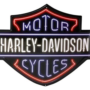 Harley-Davidson Embossed Tin Sign, Neon Lights Bar & Shield Logo, 19.75 x 15 Inches