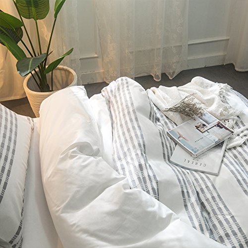 Merryfeel Cotton Duvet Cover Set Queen Size,100% Cotton Yarn Dyed Jacqaurd Textured Striped Duvet Cover and Pillowshams Grey Color,3 Pieces Bedding Set