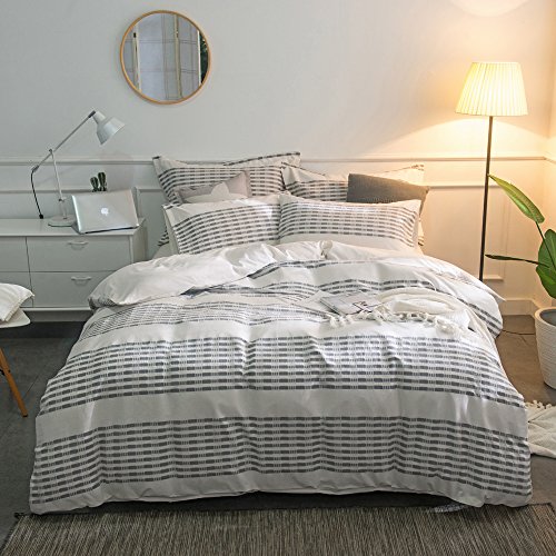 Merryfeel Cotton Duvet Cover Set Queen Size,100% Cotton Yarn Dyed Jacqaurd Textured Striped Duvet Cover and Pillowshams Grey Color,3 Pieces Bedding Set