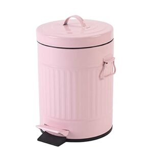 bathroom trash can with lid, small trash can wastebasket for home bedroom with lid, round waste bin soft close, retro vintage garbage metal cans for office, 5 liter / 1.3 gallon, glossy pink