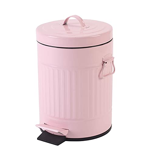 Bathroom Trash Can with Lid, Small Trash Can Wastebasket for Home Bedroom with Lid, Round Waste Bin Soft Close, Retro Vintage Garbage Metal Cans for Office, 5 Liter / 1.3 Gallon, Glossy Pink