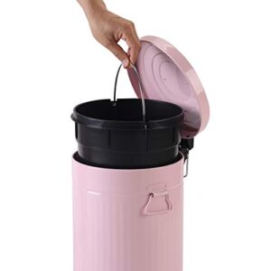 Bathroom Trash Can with Lid, Small Trash Can Wastebasket for Home Bedroom with Lid, Round Waste Bin Soft Close, Retro Vintage Garbage Metal Cans for Office, 5 Liter / 1.3 Gallon, Glossy Pink