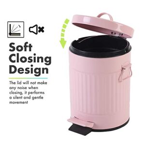 Bathroom Trash Can with Lid, Small Trash Can Wastebasket for Home Bedroom with Lid, Round Waste Bin Soft Close, Retro Vintage Garbage Metal Cans for Office, 5 Liter / 1.3 Gallon, Glossy Pink