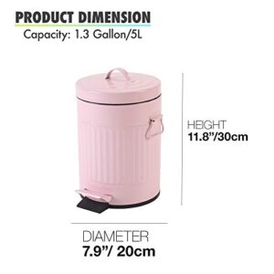 Bathroom Trash Can with Lid, Small Trash Can Wastebasket for Home Bedroom with Lid, Round Waste Bin Soft Close, Retro Vintage Garbage Metal Cans for Office, 5 Liter / 1.3 Gallon, Glossy Pink