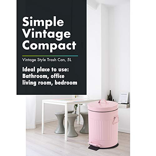 Bathroom Trash Can with Lid, Small Trash Can Wastebasket for Home Bedroom with Lid, Round Waste Bin Soft Close, Retro Vintage Garbage Metal Cans for Office, 5 Liter / 1.3 Gallon, Glossy Pink