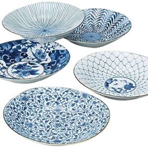 Liphontcta Traditional Japanese Ai-e (Ukiyo-e) Indigo Patterns Porcelain Plates (5 Plates Set) 31302 from Japan