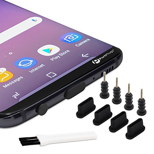 PortPlugs USB C Dust Plug Set (5 Pairs) Compatible with Samsung Galaxy, Note, Pixel, Android Cell Phones, MacBook & More, Type-C Covers w/Headphone Plugs and Cleaning Brush (Black)