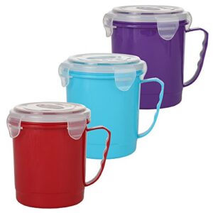 home-x - microwave soup mug set with secure snap close vented lids, 22 oz mugs allow you to heat and eat soups, noodles, hot cereal and more in a single container, set of 3, red, blue and purple