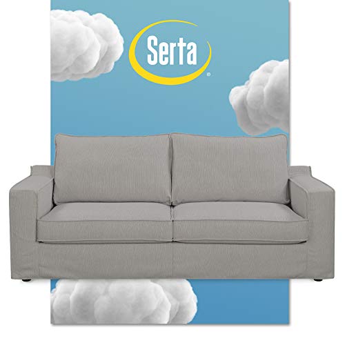 Serta Colton 85" Upholstered Living Room Sofa with Removable Slip Covers, Modern Track Arm Fabric Couch, Soft Comfortable Cushions, Linen Beige