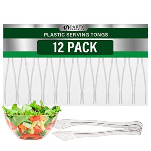 party bargains 8.5 inches plastic serving tongs, 12 pack, premium quality & heavy-duty clear plastic tongs for bbq, salads, grilling, buffets, kitchen