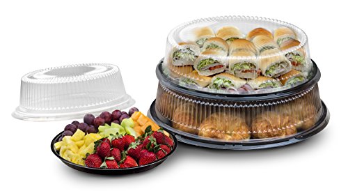 Party Essentials N121721 Hard Plastic Tray With Clear Dome Lids, 12", Black