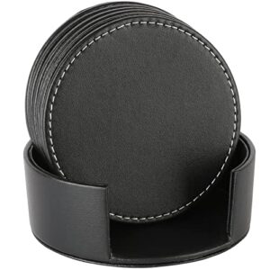 carlway set of 6 leather drink coasters round cup mat pad for home and kitchen use black, 3.94"