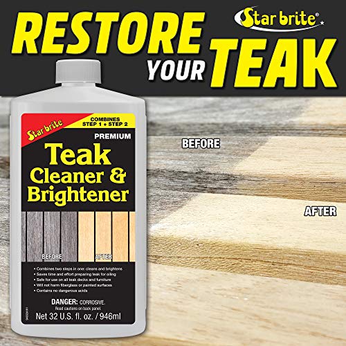 STAR BRITE Teak Cleaner & Brightener - One-Step Teak Restoration Renew Weathered, Gray, Teak for Refinishing or Oiling - Restore & Enhance the Natural Warmth & Wood Grain of Fine Wood 32 OZ (094932)