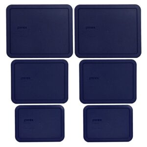 pyrex (2 7212-pc 11-cup, (2) 7211-pc 6-cup, and (2) 7210-pc 3-cup blue plastic storage lids, made in the usa