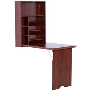 homcom compact fold out wall mounted convertible desk with storage, mahogany