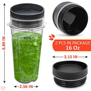 16 Oz Single Serve Blender Cups for Shakes and Smoothies - 2Pcs Ninja Blender Cups Replacement with Flip Top Lid Parts - Single Serve Cup Lid for BL770 BL780 BL660 BL740 BL810 Nutri Ninja Blenders