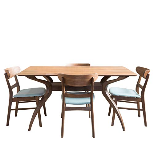 Christopher Knight Home Idalia Curved Leg Rectangular Dining Set, 5-Pcs Set, Natural Walnut / Mint