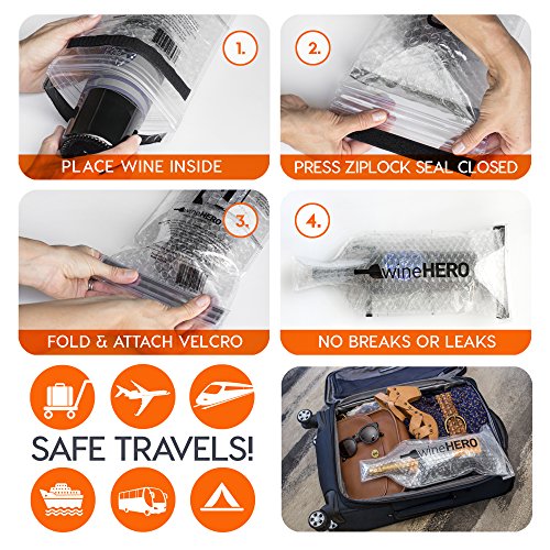 WineHero - 6 Pack Reusable Leak Proof Bottle Protector Bag for Travel Pack in Airplane Checked Baggage, Luggage, or Suitcase - Good for Cruise Travel - Wine Travel Accessory