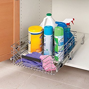 Seville Classics UltraDurable Commercial-Grade Pull-Out Sliding Steel Wire Cabinet Organizer for Shelving with Wheels, 14" W x 17.75" D, Chrome