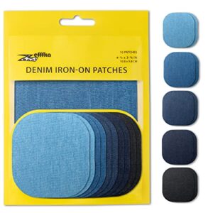zefffka premium quality denim iron-on jean patches inside & outside strongest glue 100% cotton assorted shades of blue black repair decorating kit 10 pieces size 4-1/4" by 3-3/4" (9.8 cm x 10.8 cm)