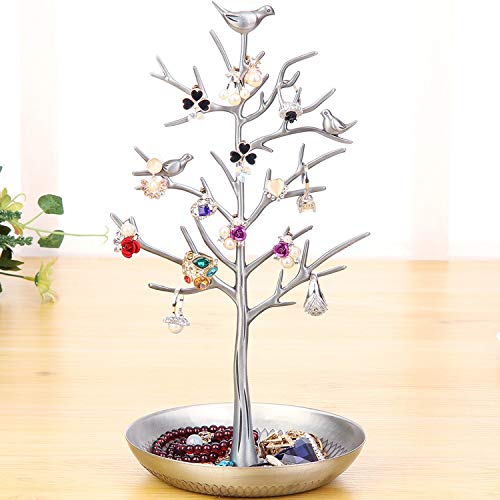 WELL-STRONG Jewelry Tree Necklace Earring Holder Modern Cute Bird Jewelry Stand for Women Girls Teen Silver
