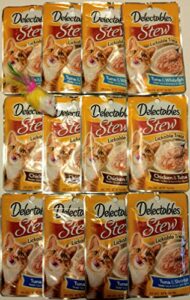 delectables stew lickable treats variety bundle pack of 12. (4) tuna & whitefish, (4) chicken & tuna, (4) tuna & shrimp. 1.4 oz each - bonus mouse toy included (color may vary)