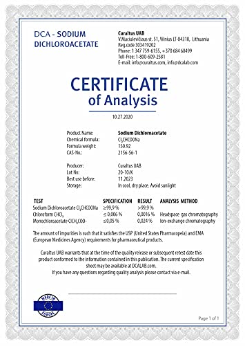 DCA - Sodium Dichloroacetate 100g Powder, Purity >99.9%, Made in Europe, by DCA-LAB, Certificate of Analysis Included, Tested in a Certified Laboratory, Buy Directly from Manufacturer, 3.5oz