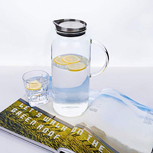 68 Ounces Glass Pitcher with Lid, Hot/Cold Water Carafe, Juice Jar and Iced Tea Pitcher