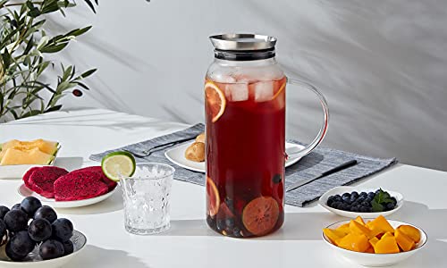 68 Ounces Glass Pitcher with Lid, Hot/Cold Water Carafe, Juice Jar and Iced Tea Pitcher