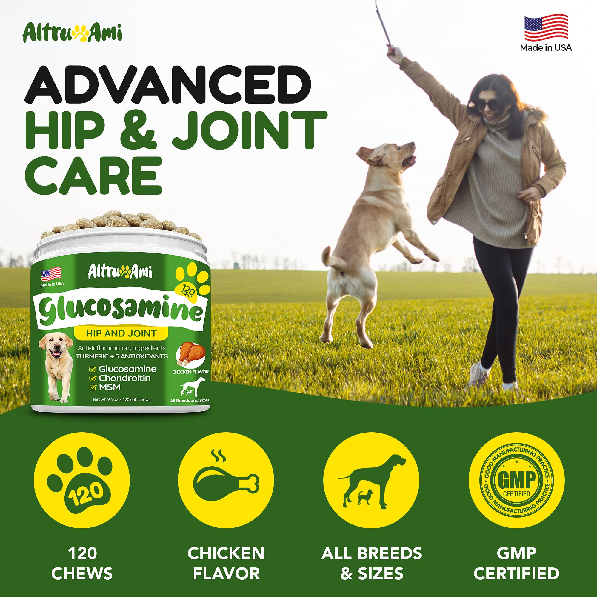 Glucosamine for Dogs - Hip & Joint Supplement for Dogs - Arthritis Pain Relief Chews with Chondroitin, MSM, Turmeric, Vitamin C & E - for Large, Medium & Small Dog - Health Supplies Made in USA