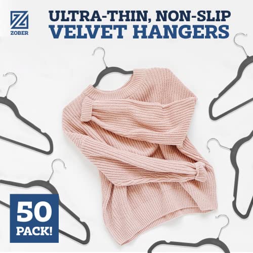 Zober Velvet Hangers 50 Pack - Heavy Duty Gray Hangers for Coats, Pants & Dress Clothes - Non Slip Clothes Hanger Set - Space Saving Felt Hangers for Clothing