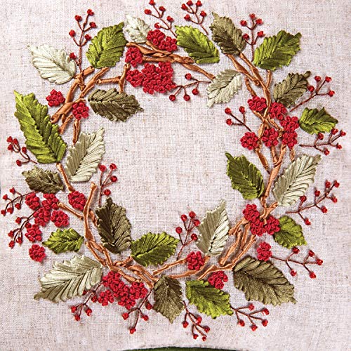 C&F Home Berry Wreath Christmas Botanical Holiday Xmas Handcrafted Red Green Premium Ribbon Cotton Art Throw Pillow 12 x 12 Multi